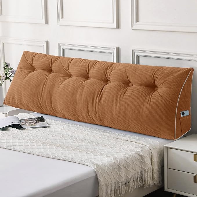 Sasttie Headboard Pillow King, Wedge Pillow Headboard, Caramel | Triangle Backrest Cushion for Sitting or Reading in Bed, Dorm Essentials, OEKO-TEX, Down Alternative Fill, Side Pockets