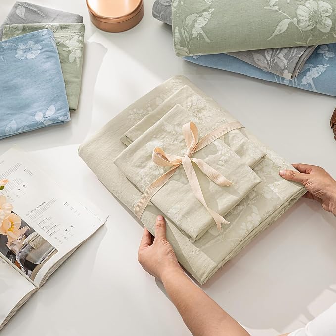 PHF Stone-Washed 100% Cotton Duvet Cover King Size, 104"x90", Dusty Sage | Elegant Floral Jacquard Woven, Ultra Soft Breathable All Season Bedding Set for Adults, 3pcs with 2 Pillow Shams, No Filling