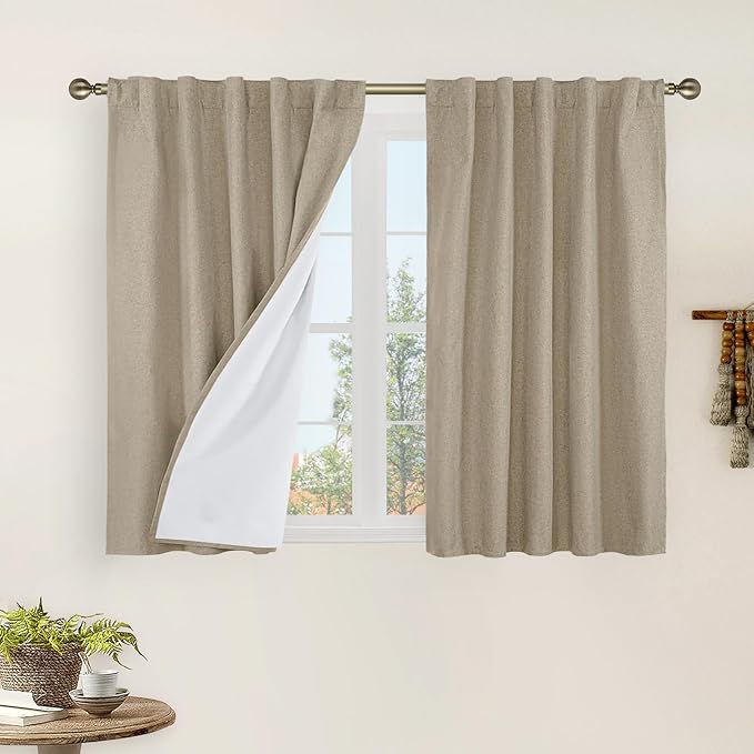 100% Blackout Short Linen Curtains for Cafe 40 Inch Length 2 Panels | Linen Textured, Thermal Kitchen Curtains, Room Darkening Panels, Rod Pocket Back Tab, with White Liner, 42 x 40 Inch, Taupe