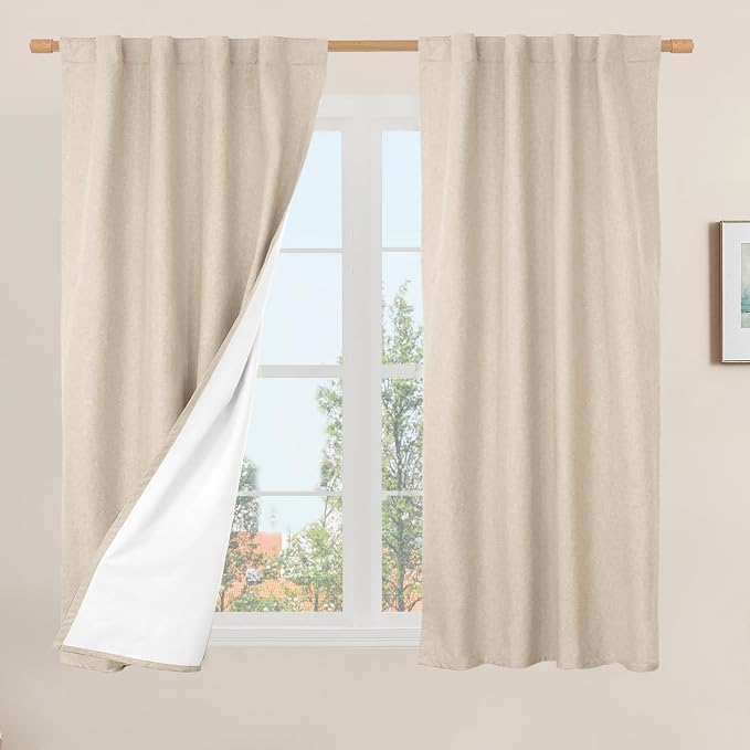 100% Blackout Linen Window Curtains for Bedroom 45 Inches, Linen | Thermal Insulated, Room Darkening, Farmhouse Curtains, Rod Pocket Back Tab Drapes, with White Liner, 2 Panels, 38 x 45 Inch