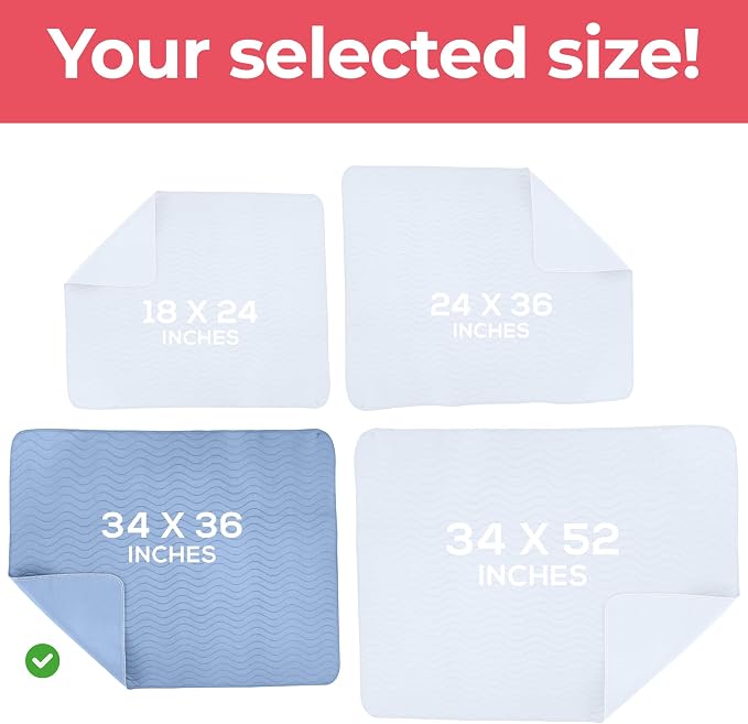 6 Pack Waterproof Reusable Heavy Absorbency Incontinence Bed Pads 34"x36" | Utopia Bedding Washable Underpads, Chuck Pads for Adults, Kids, Elderly and Pets, Bedwetting Pads for Sofa and Couch, Blue