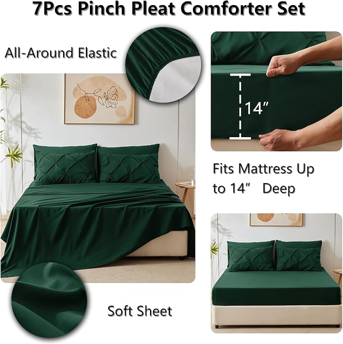 Full Size Comforter Sets Emerald Green, 7 Pieces Bed in a Bag | OEKO-TEX 100 Certified, 240GSM All Season, Bedroom, Guest Room, Down-Alternative Comforter, Sheets, Pillowcases & Shams