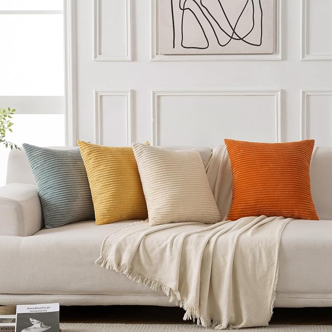 Volcanics Set of 4 Orange Teal Corduroy Couch Throw Pillow Covers 20x20 in | Decorative Modern Farmhouse Double-Sided Striped Cushion Cases, Soft Boho Square Accent Pillow Covers for Fall Home Decor