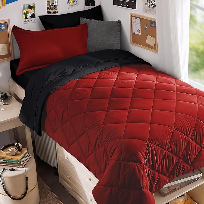 5 Pieces Twin XL Comforter Set, Reversible Bed in a Bag Twin XL Size, All Season Bedding Set with Comforter, Flat Sheet, Fitted Sheet, Pillowcases & Shams, Red & Black