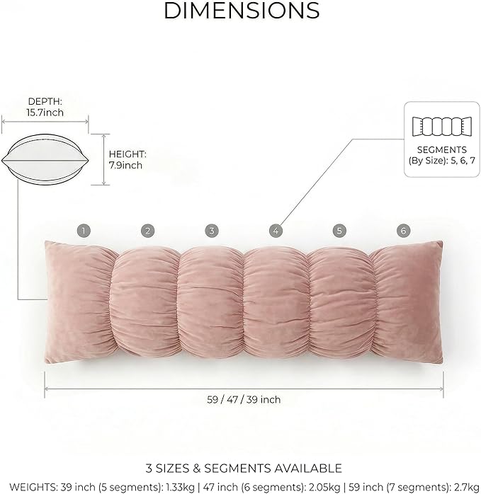 Pat. Pend. Segmented Body Pillow for Side Sleepers, 39 Inch, Pink | Small long bed pillow for adults with a removable, washable soft velvet cover; segmented design for side sleeping.