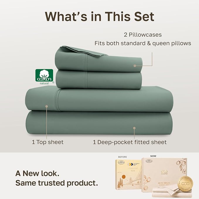 California Design Den 100% Cotton Sateen Queen Size Sheet Set, Green Sage | 400 Thread Count Backed by Good Housekeeping Seal, 16" Deep Pocket, All-Around Elastic, Durable, Easy Care - Sage Green