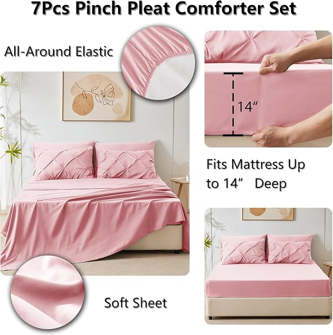 HIMEET Full Size Comforter Set Pink - 7 Pieces Pintuck Bed in a Bag | OEKO-TEX Certified, 240GSM Down Alternative Comforter, 14" Deep Pocket Fitted Sheet + Flat Sheet + 2 Pillowcases + 2 Shams