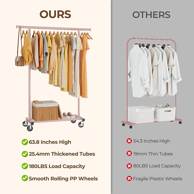 HYSEYY Clothes Rack, Clothing Rack for Hanging Clothes, Rolling Garment Rack Sturdy Coat Rack Portable Wardrobe Rack Metal Closet Rack for Bedroom Laundry Living Room, Pink