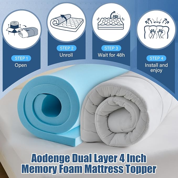 4 lnch Dual Layer Mattress Topper Queen Size, 2 Inch Cooling Gel Memory Foam and 2 Inch Soft Pillow Top Mattress Pad Cover for Back Pain, with Elastic Deep Pocket