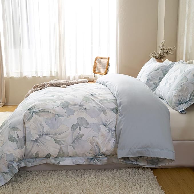 OAITE King Floral Pattern Duvet Cover Set Unique Design 3pcs 100% Cotton | Exquisite Stitched Hem, Breathable,Soft,Dual Zipper,8 Corner Ties,Easy Care for All Season