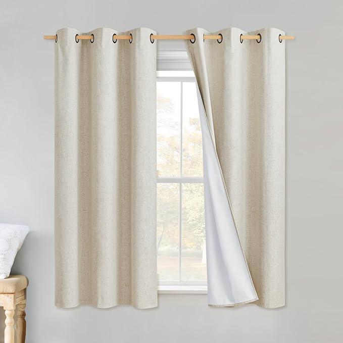 NICETOWN Linen Blackout Curtains 54" Long for Classroom, Beige, Set of 2, Short Kitchen Burlap Linen 100% Blackout Drape Panels for Night Shift, Great Job for Blocking Light