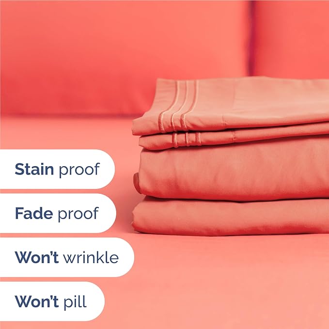 Full Size 4 Piece Sheet Set - Comfy Breathable & Cooling Sheets - Coral | Hotel Luxury Bed Sheets for Women & Men, Deep Pockets, Easy-Fit, Extra Soft and Wrinkle Free Sheets, Oeko-Tex Bed Sheet Set