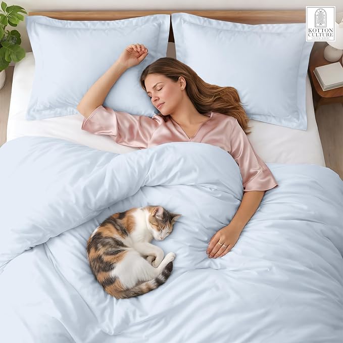 3 Pc California King Duvet Cover Set-100% Egyptian Cotton 600 Thread Count Ultra Soft Premium Durable Comforter Cover Zipper Closure & Corner Ties- (Sky Blue, 104" X 98")