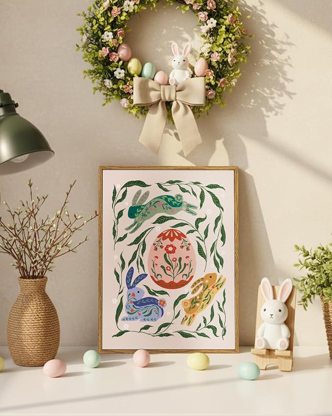 easter bunny wall art framed canvas spring rabbit print floral egg artwork nursery decor kids room woodland animal painting cottagecore wall decor farmhouse spring home decoration pastel bunny picture gift for kids