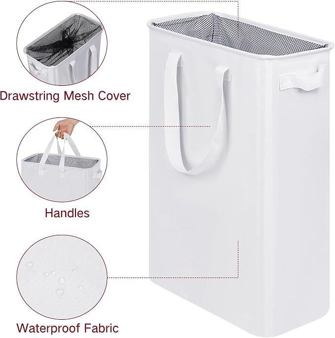 efluky Slim Laundry Basket, Narrow Laundry Hamper with Handles, Collapsible Dirty Clothes Hamper, Tall Laundry Bin for Laundry Room, Dorm and Bedroom, 12.7 Gallons(75L) White