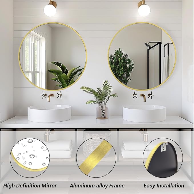 Big Circle Mirror 36 inch, Gold Round Mirror, Brushed Metal Frame | High Definition Mirror, Waterproof, Rust-resistant, perfect for Living room, Bathroom, Hallway, Bedroom, Cloakroom