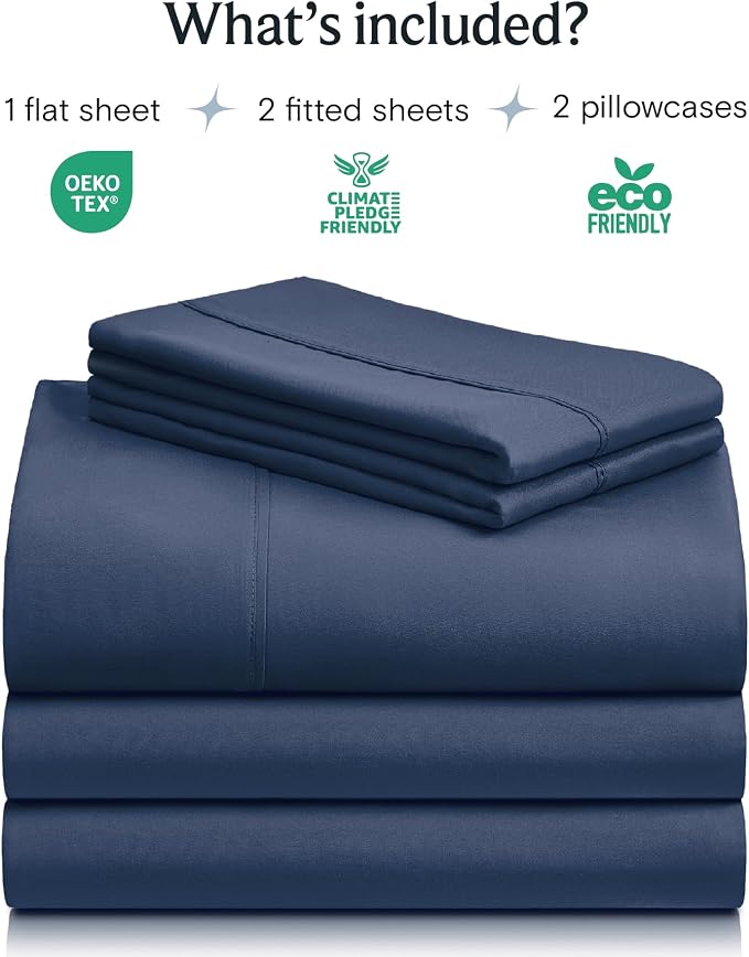 LuxClub 5 PC Split King Sheet Set, Deep Pockets Wrinkle Free Cooling Bed Sheets Hotel Bedding for Women, Men, Includes 2 Fitted Sheet, 1 Flat Sheet and 2 PillowcasesSoft Navy | LuxClub Silky Fitted Sheet & Pillowcase Sets, Breathable Hotel Luxury Beddi...