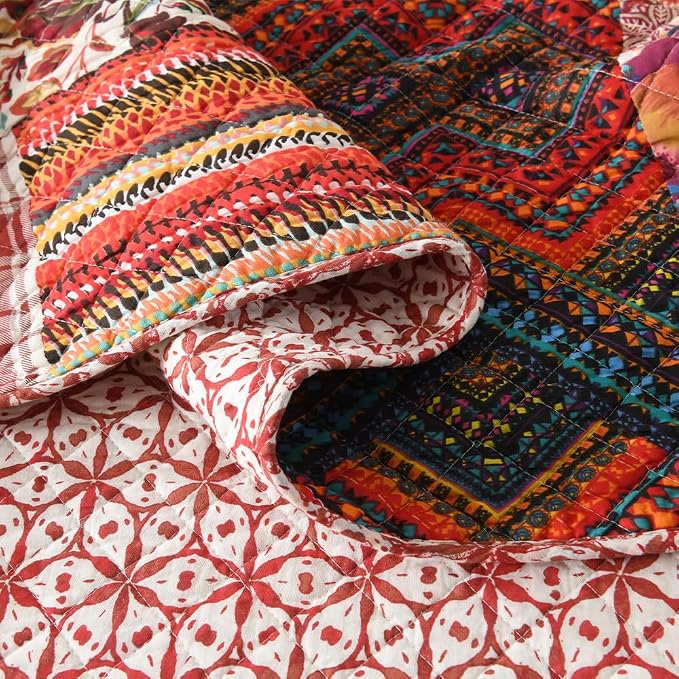 VISIMISI Cotton Bedspread Quilt Sets Reversible Bedding Coverlet Sets 3 Pieces Gorgeous Vintage Damask Red Patchwork Bedspread, King Size
