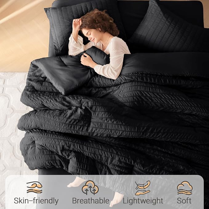 7 Pieces Oversized King Comforter Set, Seersucker Bed in a Bag Oversized King Size, All Season Luxury Bedding Set with Comforter, Flat Sheet, Fitted Sheet, Pillowcases & Shams, Black