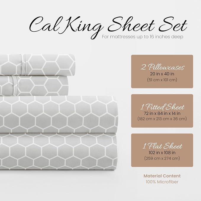 Linen Market Double-Brushed Patterned Microfiber California King Sheet Set 4 Piece – Oeko-TEX Certified Ultra Soft & Wrinkle-Free - 16" Deep Pocket Sheets Easy Care Cal-King Size - Honeycomb Gray