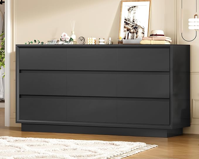TEENFON 63" Dresser for Bedroom with 9 Drawers, Black Dresser with Metal Slide, Bedroom Dressers, Wood Dressers & Chests of Drawers for Bedroom, Hallway, Black