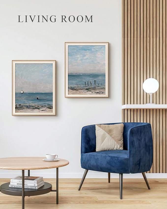 VIYYIEA Framed Coastal Wall Art Set of 2, Impressionist Beach Seascape Canvas Prints, Nautical Ocean Theme Home Decor, Elegant Wall Decor for Living Room Bedroom Office Bathroom, 16x20 Inch