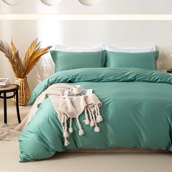 OAITE Duvet Cover Set 100% Washed Cotton Solid 3pcs | Soft,Durable,Long-staple Cotton,Hidden Zipper with 8 Interior Corner Ties,2 Pillowcases