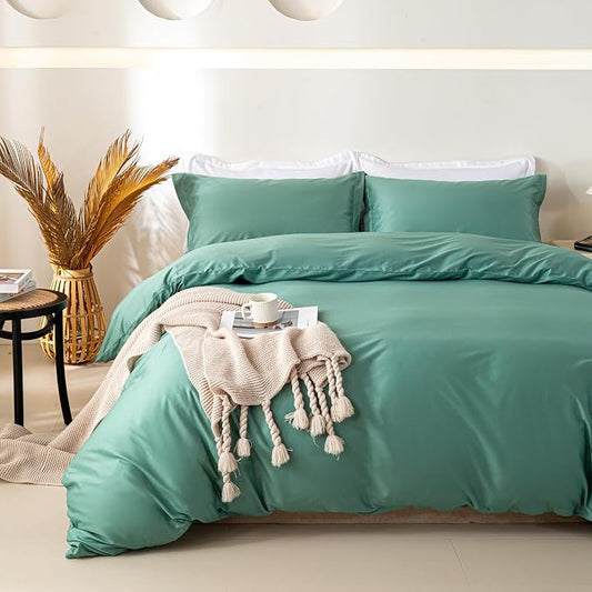 OAITE Duvet Cover Set 100% Washed Cotton Solid 3pcs | Soft,Durable,Long-staple Cotton,Hidden Zipper with 8 Interior Corner Ties,2 Pillowcases