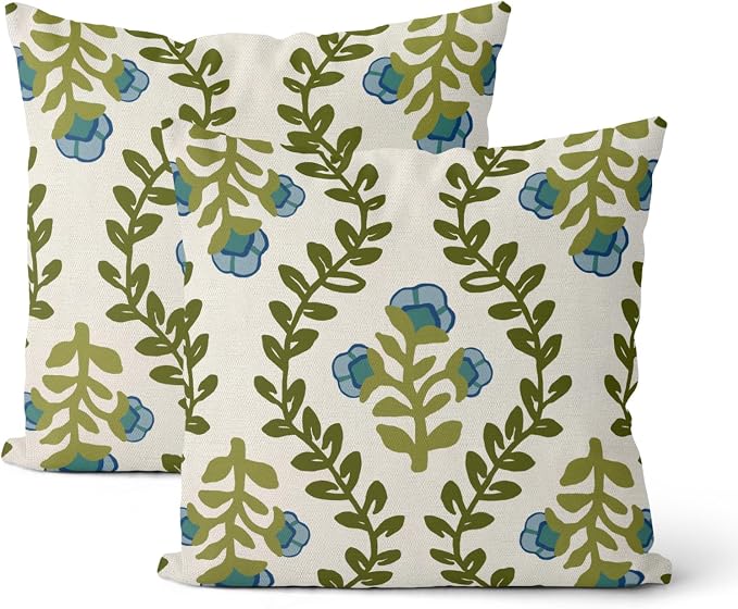 Sage Green Boho Pillow Covers 22x22 Inch 2 Pcs Blue Green Floral Leaves Decor Throw Pillows Vintage Flower Seasonal Spring Summer Outdoor Farmhouse Pillowcase Linen Cushion Cover for Couch Sofa