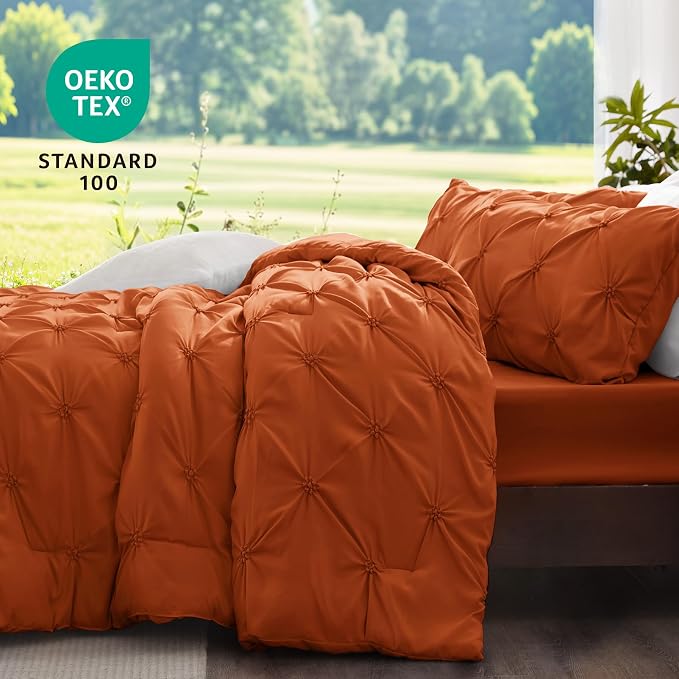 BEDELITE Queen Comforter Set Burnt Orange,Lightweight & Soft Comforter | Pintuck Boho Bedding, Warm & Cute Bed Set for All Season,With 2 Pillowcases
