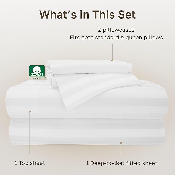 California Design Den Softest 100% Cotton Sateen Queen Sheet Set | 500 Thread Count Backed by Good Housekeeping Seal, 16" Deep Pocket, All-Around Elastic, Durable, Easy Care - White Striped