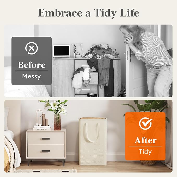 Lifewit Slim Collapsible Laundry Basket with Handles, 50L, Ivory | Narrow Laundry Hamper for Dirty Clothes, Tall Thin Laundry Bin, Small Clothes Hamper for Bathroom, Bedroom, RV, Dorm
