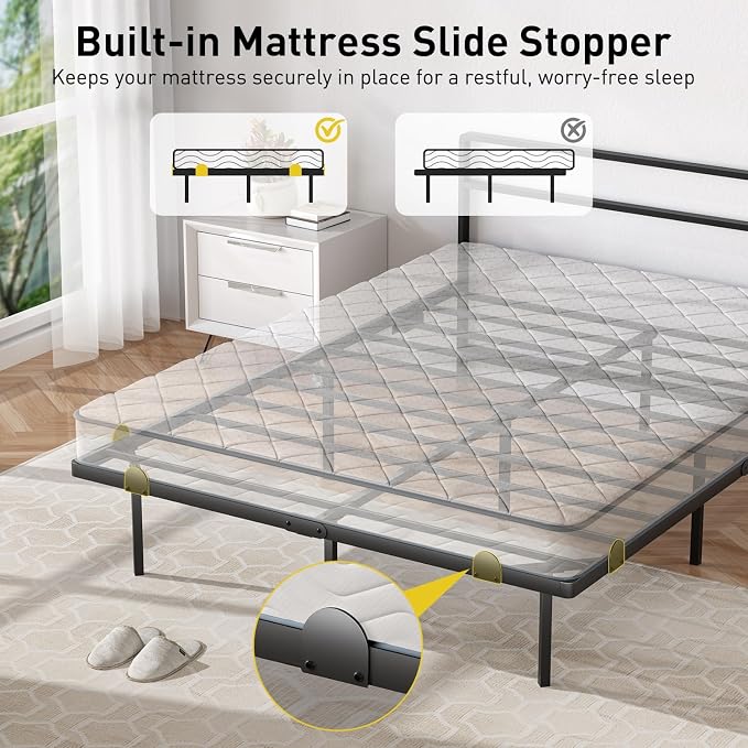 Full Floating Bed Frame with Headboard, Modern Platform Bed Frame with LED Lights and USB Charging Station, Sturdy Metal Bed Frame for Adults, No Box Spring Needed, Easy Assembly, Noise Free Design