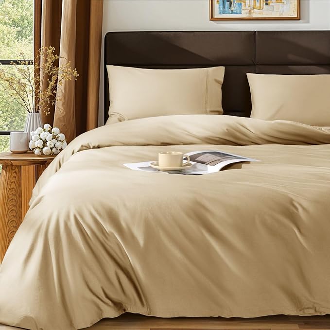 SONORO KATE 1000 Series 100% Egyptian Cotton Queen Duvet Cover Set,3PC | Long Staple Cotton,Sateen Weave,Soft,Breathable,Luxury Hotel Bedding,All-Season,Hidden Zipper Closure,Beige