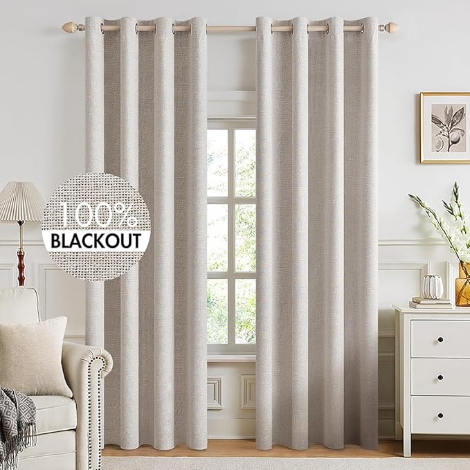 MIULEE 100% Blackout Linen Curtains for Bedroom 52x94 Inches Ivory | Room Darkening, Light Blocking, Thermal Insulated, Grommet Top, Linen Textured, Window Curtains for Living Room, 2 Panels