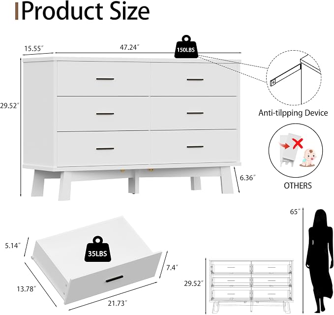 Xixini Dresser for Bedroom, 6 Drawer Wide Modern Chest of Drawers with X-Shaped Sturdy Base, Wood Double Dresser Closet Clothes Storage Organizer, Wooden TV Stand for Living Room, Hallway, White
