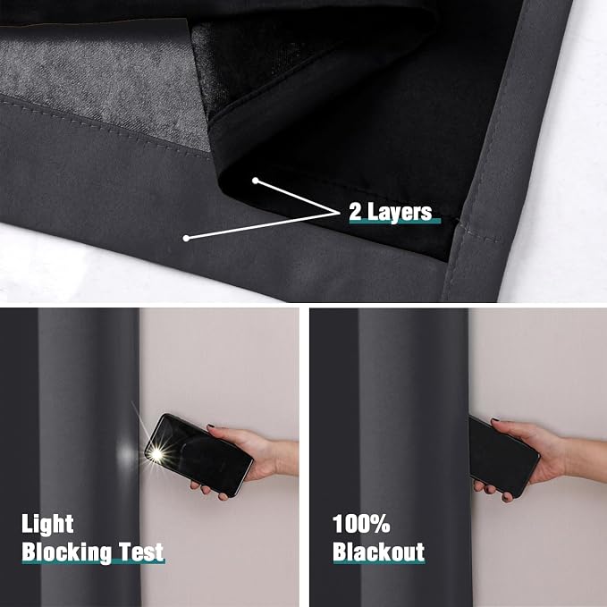 ChrisDowa 100% Blackout Curtains for Bedroom 2 Panels Set with Black Liner | 2 Thick Layers, Thermal Insulated, Light Blocking, Grommet, Window Treatment, Living Room Drapes, Grey, 52 x 54 Inch