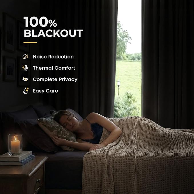 INOVADAY 100% Blackout Curtains for Bedroom Black Out Curtains 63 Inch Long | Dark Grey Curtains for Living Room 2 Panels, Clip Rings Linen Look Blackout Drapes, Thermal Insulated Room Darkening,W50xL63