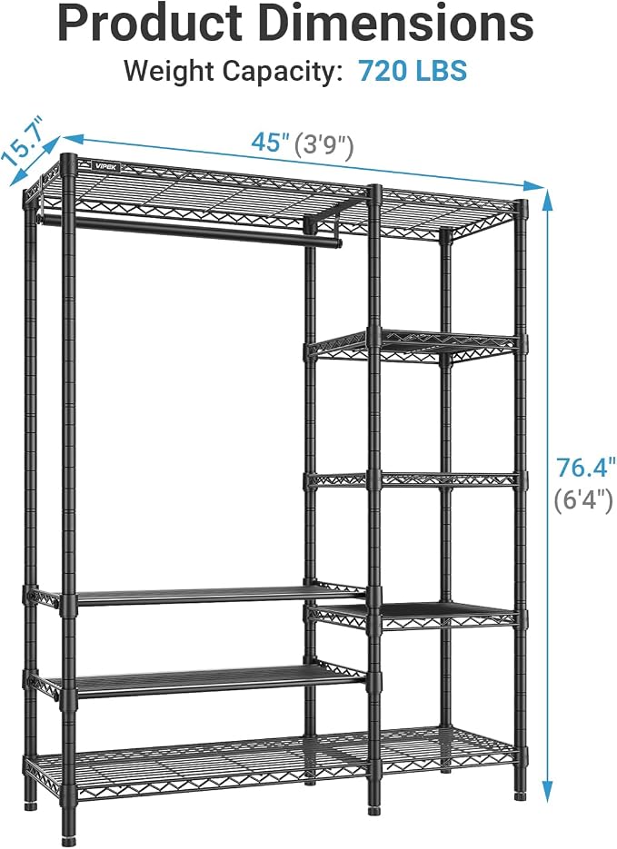 VIPEK V7S Portable Closet for Hanging Clothes Heavy Duty Rack with Shelves | 7 Tiers Adjustable Wire Shelving, Load 720lbs Metal Sturdy Hanging Rods, Space-Saving Storage for Walk-in Closet, Black
