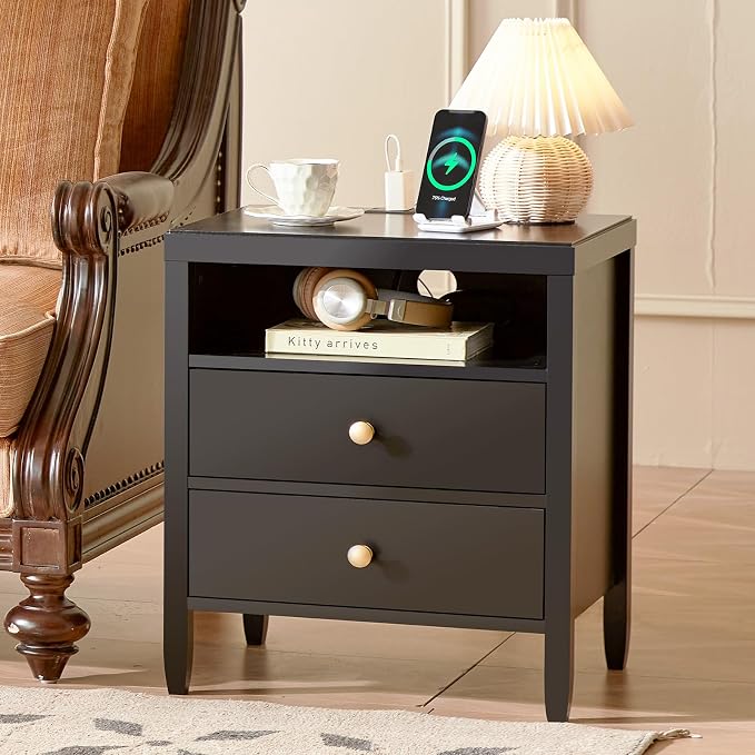 Huuger Nightstand with Charging Station, Black Nightstand with 2 Drawers | Bed Side Table for Bedroom, Bedside Table with Storage, Modern Nightstands, Metal Knobs, Painted Surface