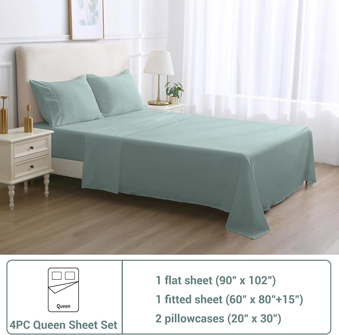 Softan Microfiber Queen Sheet Set with Non-Slip Corner Straps, Dusty Blue | 15" Deep Pocket Fitted Bed Sheets, Double Brushed Microfiber, Cozy Sheets & Pillowcase for All Season
