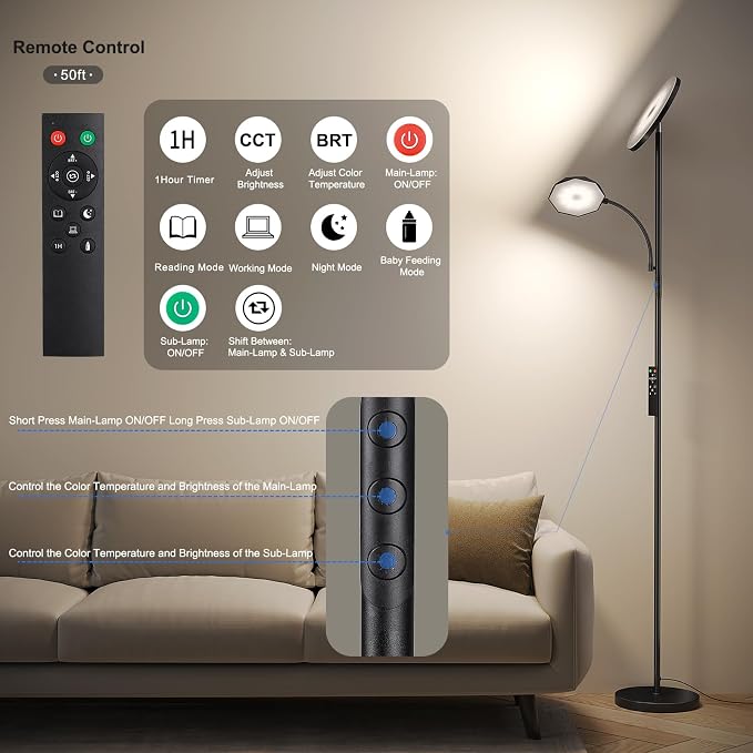 SUNMORY Floor Lamps for Living Room，LED Standing Lamp with Remote Control | 48W/4200LM Super Bright, 69" Tall Floor Lamp with Stepless Dimmable, Modern Torchiere Reading Lamp for Bedroom, Office