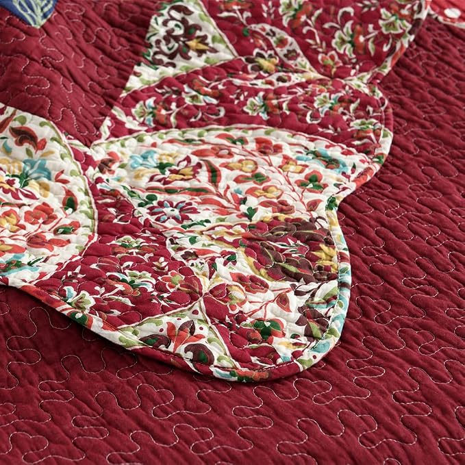 ENASAL Cotton Bedspread Quilt Sets Reversible Bedding Coverlet Sets Comforters Vintage Luxury Damask Floral Real Patchwork Burgundy Bedspread,Queen Size