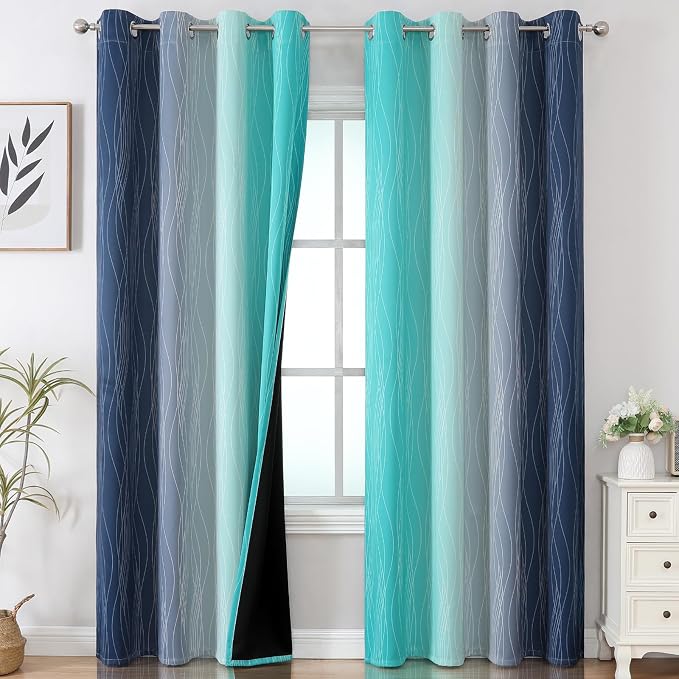 Navy Blue and Teal Gradient Blackout Curtains for Living Room 108 Inch Long | Estelar Textiler Ombre Curtains for Bedroom,Room Darkening Thermal Insulated Energy Saving Grommet Drapes,52Wx108L,2 Panels