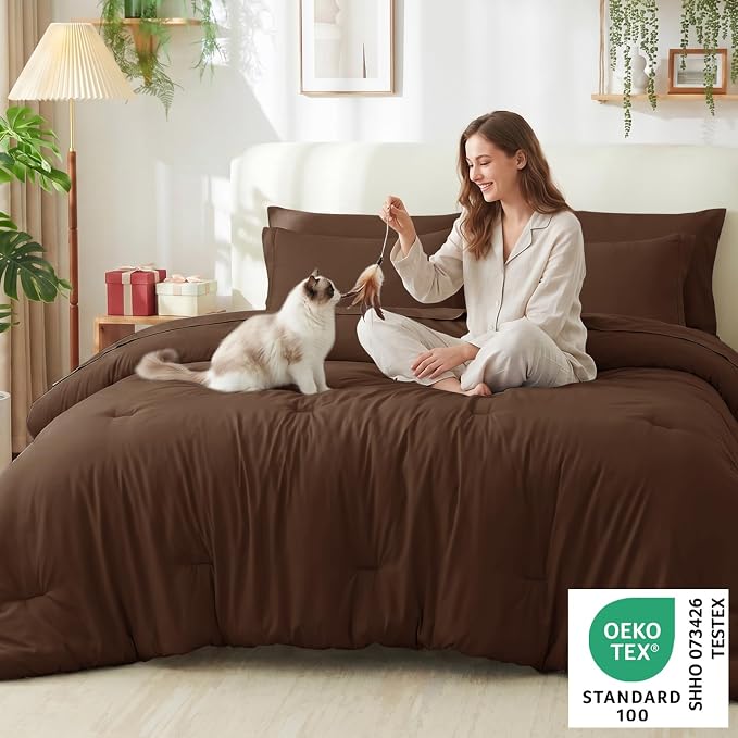 Oversized Queen Comforter Set Brown, 7 Pieces Bed in a Bag | OEKO-TEX Certified, All-Season, Bedroom, 240GSM Down Alternative Comforter, Flat & Fitted Sheets, 2 Pillowcases & 2 Shams