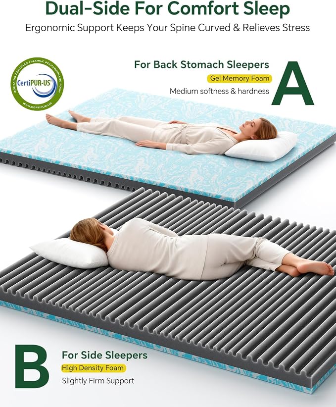 Twin Size Memory Foam Mattress Topper Bamboo Viscose for Pressure Relief | 3 inch Firm Mattress Pad DualSide, Back Support, 5-Zone Spinal Align, Removable Cover, Elastic Strap, CertiPUR-US Certified