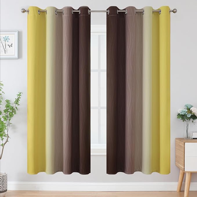 Brown and Yellow Blackout Curtains 52Wx72L Inch 2 Panels | Thermal Insulated Ombre Drapes for Bedroom 72 Inch Long,Room Darkening,Energy Saving,Grommet Curtains for Living Room