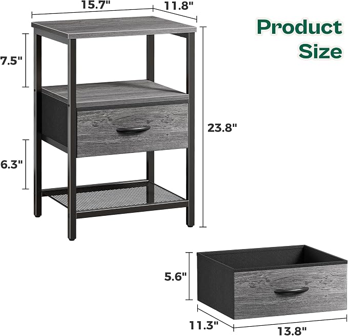 Huuger Nightstand Set of 2, Night Stand with Fabric Drawer, Mesh Shelf | Side Table with Storage, Fabric Drawer Dresser, Open Shelf, Metal Frame, Bedroom, Grey
