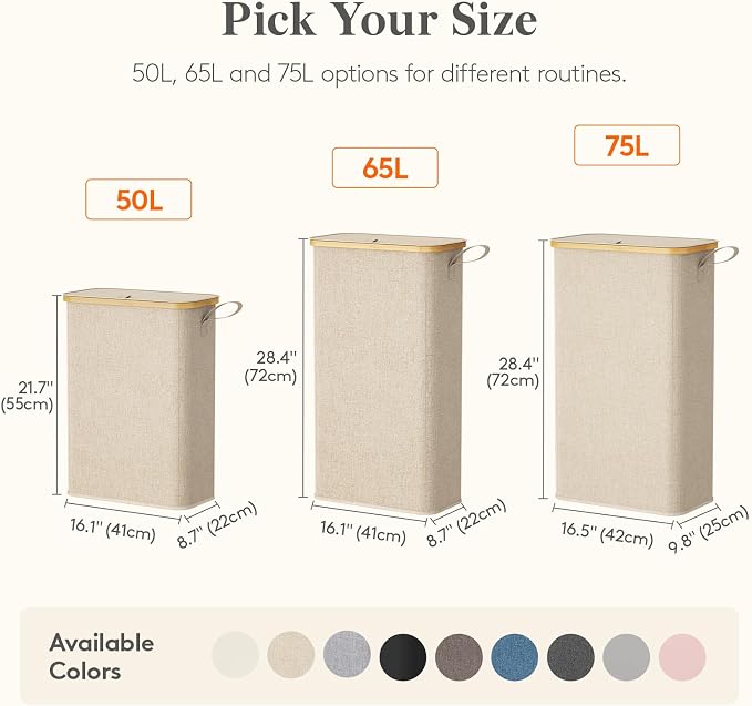 Lifewit 75L Slim Laundry Hamper with Lid, Narrow Laundry Basket with Removable Bag & Bamboo Handles, Fodable Thin Dirty Clothes Hamper for Laundry Collapsible Bin for Bathroom Bedroom Dorm, Beige