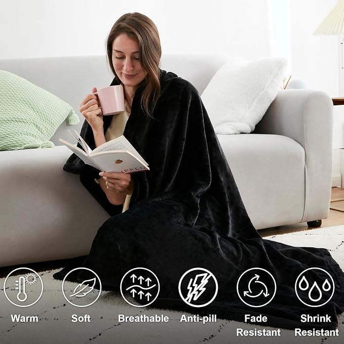 Hansleep Full Black Fleece Blanket, Soft Flannel Bed Blanket | Fuzzy Cozy Blanket 84x90 Inches, Multi-use for Bed, Sofa, Couch, Travel, Camping, All Season Warm Lightweight Cover